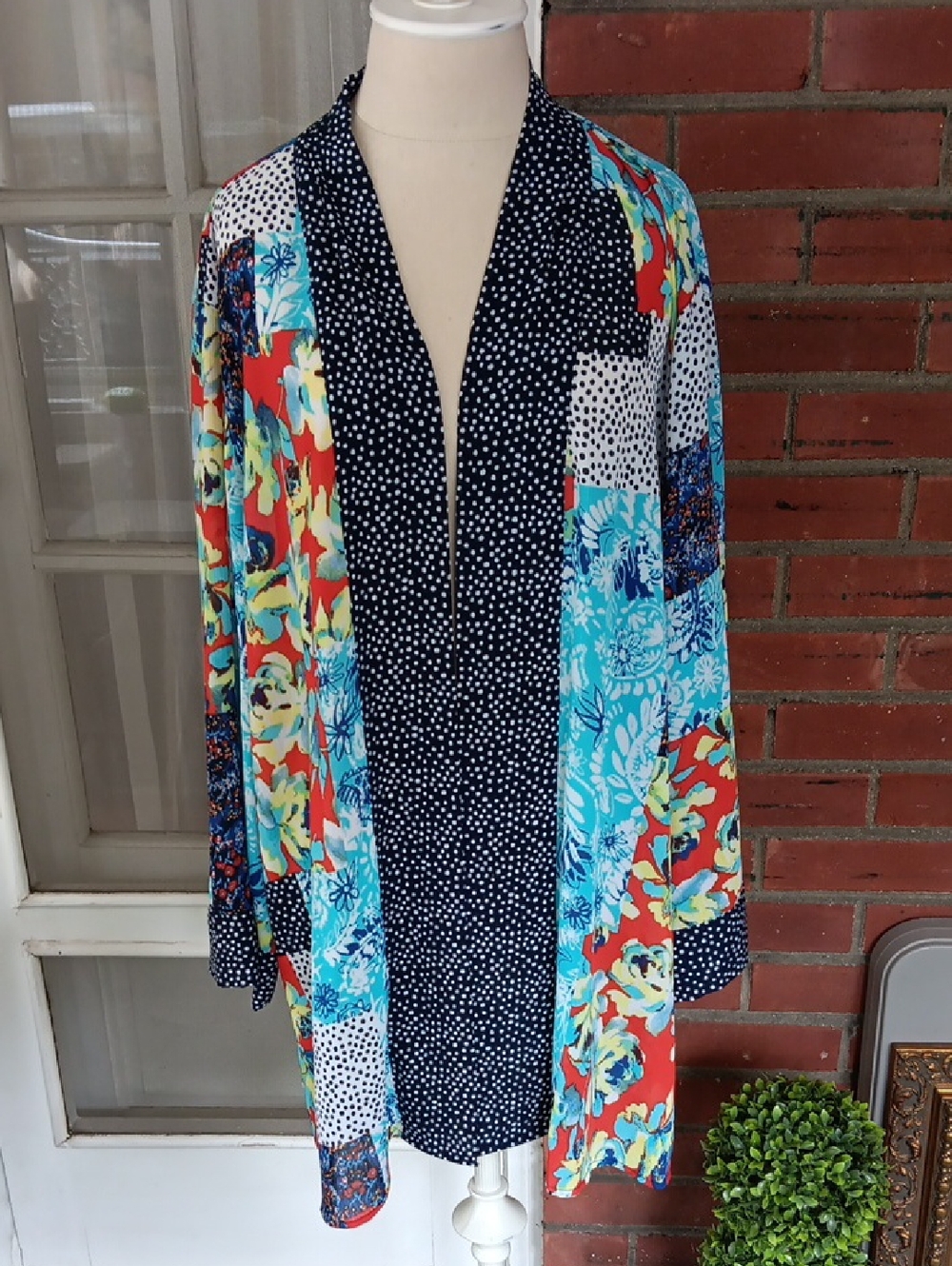 Multiples Size 2X Blue& Red Patchwork Multicolor Print Boho Kimono Jacket Topper